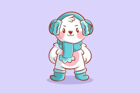 Adorable Winter Mascot: Cute Polar Bear Wearing Ear Warmers