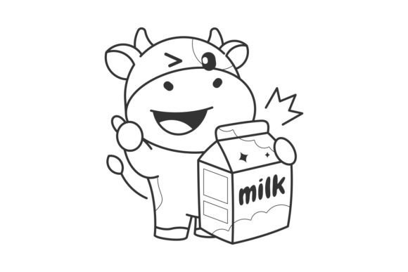 Charming Cow Illustrations: The Cute Cow with Milk Box Line Style